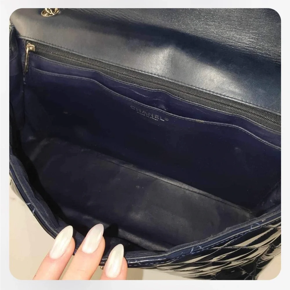 Chanel Navy Quilted Patent Leather Jumbo Maxi Bag - Picture 7 of 13